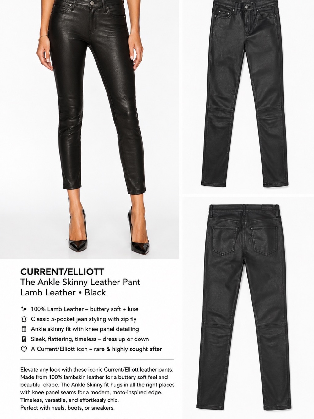 Current Elliott Lamb Leather Skinny Pants Black Ankle Moto Panel Sz 25